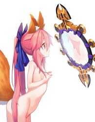 1girl absurdres aged_down animal_ear_fluff animal_ears bow breasts commentary_request fate/grand_order fate_(series) floating floating_object fox_ears fox_girl fox_tail from_side hair_between_eyes hair_bow hands_on_own_chest highres leaning_forward long_hair mirror ninsaki_(9saki) nude pink_hair ponytail profile purple_bow reflection sidelocks small_breasts solo tail tamamo_(fate) tamamo_no_mae_(fate/extra) yellow_eyes rating:Questionable score:8 user:danbooru