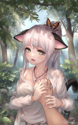 1boy 1girl :d absurdres ahoge animal_ears bad_id bad_pixiv_id blade_&amp;_soul blush breasts butterfly_hair_ornament cat_ears cat_girl cat_tail cleavage collarbone commentary crescent crescent_necklace dappled_sunlight day dress grabbing grabbing_another&#039;s_breast grabbing_another's_breast green_eyes guided_breast_grab guiding_hand hair_ornament highres jewelry kie_(wylee2212) long_sleeves lyn_(blade_&amp;_soul) medium_breasts mole mole_under_eye necklace off_shoulder open_clothes open_mouth outdoors photoshop_(medium) ponytail pov revision signature silver_hair single_bare_shoulder smile solo_focus sunlight tail tree upper_body white_dress rating:Sensitive score:50 user:danbooru