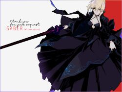  1girl artoria_pendragon_(all) artoria_pendragon_(fate) bad_id bad_pixiv_id black_dress blonde_hair breasts cleavage dress english_text excalibur_morgan_(fate) fate/stay_night fate_(series) holding holding_sword holding_weapon kibadori_rue looking_at_viewer medium_breasts saber_alter simple_background solo sword weapon yellow_eyes 