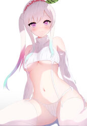  1girl absurdres airani_iofifteen blue_hair breasts commentary cropped_sweater detached_sleeves garter_straps gradient_hair hairband highres hololive hololive_indonesia long_hair medium_breasts multicolored_hair navel panties pink_hair pokyo purple_eyes red_hairband ribbed_panties ribbed_sleeves ribbed_sweater side_ponytail sidelocks simple_background sitting sleeveless sleeveless_sweater solo string_panties sweater thighhighs turtleneck turtleneck_sweater underboob underwear virtual_youtuber white_background white_hair white_sleeves white_sweater white_thighhighs yokozuwari 