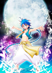  1boy aladdin_(magi) arabian_clothes barefoot blue_eyes blue_hair blue_vest braid collarbone flute full_moon instrument long_braid long_hair looking_at_viewer magi_the_labyrinth_of_magic male_focus moon navel open_mouth outstretched_arms pants puffy_pants recorder ripples sleeveless standing standing_on_liquid toenails tsukuyomi_kou very_long_hair vest white_pants 