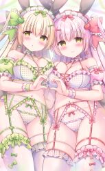  2girls :o animal_ears apple_hair_ornament bare_shoulders blonde_hair blush bow bow_bra bow_panties bra breast_press breasts closed_mouth collarbone detached_sleeves food-themed_hair_ornament frilled_bow frilled_bra frilled_panties frilled_thighhighs frills garter_belt green_bow green_sleeves hair_between_eyes hair_bow hair_ornament highres kouta. large_breasts long_hair multiple_girls navel original panties parted_lips pink_hair pink_sleeves polka_dot polka_dot_bra polka_dot_panties puffy_short_sleeves puffy_sleeves rabbit_ears rabbit_girl rabbit_tail red_bow short_sleeves symmetrical_docking tail thighhighs two_side_up underwear underwear_only very_long_hair white_bra white_panties white_thighhighs yellow_eyes 