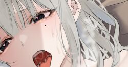  1boy black_eyes blush completely_nude cropped cum ear_piercing facial heart heart-shaped_pupils long_hair looking_to_the_side male_focus mole mole_under_eye nude open_mouth original piercing saliva shisei_(kyuushoku_banchou) solo symbol-shaped_pupils tongue trap white_hair 