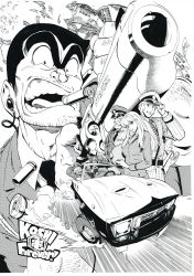  1girl 6+boys absurdres akimoto_katherine_reiko banknote belt bullet_in_mouth car character_request commentary_request driving facial_hair foreshortening frown greyscale gun handgun hat hat_tip headphones highres holding holding_gun holding_weapon kochikame long_hair looking_at_viewer money monochrome motor_vehicle multiple_boys murata_yuusuke mustache nakagawa_keiichi necktie object_behind_ear open_mouth peaked_cap pencil_behind_ear perspective police police_car police_hat police_uniform policeman policewoman projected_inset revolver ryoutsu_kankichi scan scar scar_across_eye scar_on_face scared smith_&amp;_wesson smoking_pipe stubble tagme teeth tray unibrow uniform weapon 