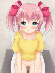 1girl bathroom blue_eyes blush bottomless bow breasts collarbone embarrassed from_above hair_bow highres long_hair looking_up medium_breasts open_mouth peeing pink_hair pussy shirt short_sleeves shuku_yoro sitting toilet toilet_use twintails uncensored yellow_shirt rating:Explicit score:6 user:cpee