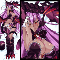  1girl argyle argyle_clothes argyle_legwear arms_up bed_sheet blush body_blush bow breasts censored center_opening claws cleavage dakimakura_(medium) dragon_girl dragon_wings dress drooling elbow_gloves extra_mouth eyebrows female_focus from_above full_body gem gloves glowing glowing_eyes gold_tooth grin hair_between_eyes hand_up heart highres jabberwock_(monster_girl_encyclopedia) large_breasts loen long_hair long_tongue looking_at_viewer lying monster_girl monster_girl_encyclopedia multicolored_hair navel no_bra novelty_censor on_back purple_hair red_eyes scales smile speech_bubble strapless strapless_dress tentacles thick_thighs thighs tongue tongue_out torn_wings wide_hips wings  rating:Questionable score:20 user:EccoDolphin
