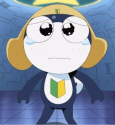  1boy crying crying_with_eyes_open highres indoors keroro_gunsou no_humans shoshinsha_mark solo spacecraft_interior stitched tadpole_tail tail tamama tears third-party_edit yellow_headwear  rating:General score:3 user:rorikore