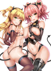 2girls anal_tail ass asymmetrical_docking bare_shoulders black_bow black_gloves black_legwear black_panties blonde_hair blush bow bra breast_press breasts breasts_out butt_plug cupless_bra demon_horns demon_tail earrings elbow_gloves fake_tail gloves green_eyes hair_bow halterneck hand_on_own_chest heart horns idolmaster idolmaster_cinderella_girls jewelry jougasaki_mika jougasaki_rika large_breasts lock long_hair looking_at_viewer multiple_girls nipples no_bra oni-noboru panties parted_lips pink_hair revision sex_toy siblings simple_background sisters small_breasts standing tail thighhighs two_side_up underwear v white_background yellow_eyes zipper rating:Explicit score:68 user:danbooru