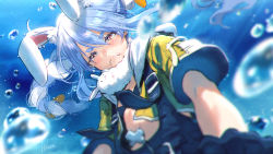 1girl animal_ear_fluff animal_ears artist_name black_gloves blue_hair blurry blush braid carrot_hair_ornament clenched_teeth commentary cosplay crying crying_with_eyes_open depth_of_field don-chan_(usada_pekora) facing_viewer final_fantasy final_fantasy_x floating_hair food-themed_hair_ornament from_below fur_scarf gloves hair_between_eyes hair_ornament half-closed_eyes highres hikosan hololive jacket light_blue_hair long_hair midriff multicolored_hair open_clothes open_jacket overalls parody rabbit_ears red_eyes signature solo teardrop tears teeth thick_eyebrows tidus tidus_(cosplay) twin_braids twintails two-tone_hair upper_body usada_pekora virtual_youtuber white_hair yellow_jacket