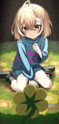  1girl aged_down ahoge alternate_costume ankle_boots arm_support bare_legs black_footwear black_socks blue_shorts blue_sweater boots brown_eyes brown_hair child cosplay crossed_bangs flower flowey_(undertale) frisk_(undertale) frisk_(undertale)_(cosplay) full_body hair_between_eyes hand_up highres hololive hololive_english kneehighs light_blush light_particles light_rays looking_at_another medium_hair multicolored_hair nanashi_mumei on_grass parted_lips shishi_cc shorts sitting socks streaked_hair striped_clothes striped_sweater sweater undertale wariza yellow_flower 