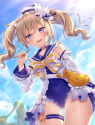 1girl :d barbara_(genshin_impact) barbara_(summertime_sparkle)_(genshin_impact) bird blonde_hair blue_choker blue_eyes blue_one-piece_swimsuit blue_sky blush bow choker cloud cloudy_sky collarbone detached_sleeves drill_hair duck flower genshin_impact hair_between_eyes hair_flower hair_ornament hat long_hair looking_at_viewer matsunashi_noe official_alternate_costume one-piece_swimsuit open_mouth outdoors sailor_hat sky smile solo sunlight swimsuit twin_drills twintails white_flower white_hat white_sleeves rating:Sensitive score:19 user:danbooru