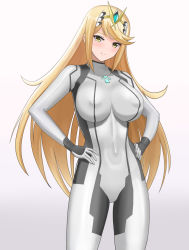  1girl blonde_hair bodysuit breasts closed_mouth cosplay covered_erect_nipples covered_navel female_focus fire hair_ornament highres higofushi large_breasts looking_at_viewer metroid mythra_(xenoblade) navel nintendo simple_background skin_tight skindentation smile solo standing white_background xenoblade_chronicles_(series) xenoblade_chronicles_2 yellow_eyes zero_suit  rating:Sensitive score:33 user:darkmetaknight9