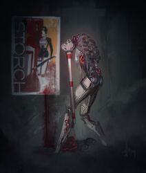  2girls absurdres amputee android armless_amputee armor blood blood_splatter corpse digitigrade double_amputee gun highres horror_(theme) monster multiple_girls nictanova poster_(object) shotgun signalis signature storch_(signalis) strap weapon 