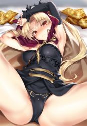 1girl armpits arms_up black_leotard blonde_hair blush breasts cape cle_masahiro closed_mouth detached_sleeves embarrassed ereshkigal_(fate) fate/grand_order fate_(series) frown gold head_tilt leotard long_hair long_sleeves looking_at_viewer lying medium_breasts nail_polish on_back parted_bangs purple_cape red_eyes single_detached_sleeve skull solo spread_legs strapless strapless_leotard sweat thighs tiara tohsaka_rin tsurime very_long_hair rating:Questionable score:67 user:danbooru