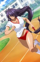  1girl baton breasts cleavage ikkitousen kan&#039;u_unchou large_breasts lowres ponytail running_shoes running_track shirt solo white_shirt 