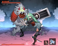  1boy 1girl ankle_boots arknights armor belt black_footwear black_sclera blank_eyes boots breasts closed_mouth colored_sclera commentary doctor_(arknights) facing_viewer fangs fighting_stance fingernails gameplay_mechanics green_hair grey_pants health_bar height_difference highres holding holding_shield holding_sword holding_weapon horns hoshiguma_(arknights) hoshiguma_(ronin_huntress)_(arknights) japanese_armor korean_text kusazuri large_breasts legs_apart long_hair looking_at_viewer mask motion_blur necktie no_pupils official_alternate_costume oni oni_mask pants parody sekiro:_shadows_die_twice sharp_fingernails shield single_horn skin-covered_horns ssambatea standing sword tusks weapon  rating:Sensitive score:17 user:danbooru