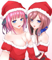  2girls asymmetrical_docking bare_shoulders black_ribbon blue_eyes blunt_bangs breast_press breasts brown_hair butterfly_hair_ornament collarbone commentary_request dress elbow_gloves fur-trimmed_dress fur-trimmed_headwear fur_trim gloves go-toubun_no_hanayome hair_ornament hat headphones headphones_around_neck heckler_kai highres index_finger_raised large_breasts long_hair_between_eyes looking_at_viewer multiple_girls nakano_miku nakano_nino off-shoulder_dress off_shoulder pink_hair red_hat ribbon santa_dress santa_hat siblings sisters tongue tongue_out twins white_background white_gloves 