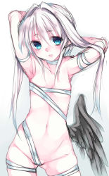 1girl armpits arms_behind_head arms_up bandaged_arm bandaged_leg bandaged_neck bandages between_labia black_wings blue_eyes blush breasts cleavage collarbone cowboy_shot eyelashes eyes_visible_through_hair facing_viewer feathered_wings groin hair_between_eyes hair_intakes highres hime_gyo lips long_hair looking_away looking_to_the_side low_wings midriff navel open_mouth original pale_skin pink_lips pussy short_hair_with_long_locks sidelocks silver_background simple_background single_wing skindentation small_breasts solo standing stomach tareme underboob white_hair wings rating:Questionable score:12 user:danbooru