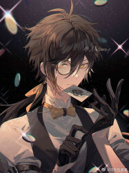  1boy adjusting_clothes adjusting_gloves antenna_hair black_background black_gloves black_hair black_vest bow bowtie card closed_mouth coin eyeliner genshin_impact glint glove_pull gloves hair_between_eyes hair_ribbon half_gloves light_particles long_hair looking_at_viewer low_ponytail makeup male_focus mandarin_collar money_rain monocle mouth_hold playing_card red_eyeliner ribbon shirt sideways_glance sleeve_garter smile solo upper_body vest weibo_logo weibo_watermark white_shirt yellow_bow yellow_bowtie yellow_eyes yellow_ribbon yunifengxia zhongli_(genshin_impact) 