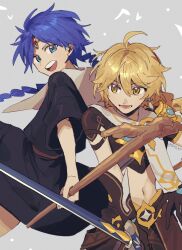  0120_lot 2boys aether_(genshin_impact) ahoge aladdin_(magi) arm_armor armor artist_name belt black_dress blonde_hair blue_eyes blue_hair blush braid brown_belt brown_gloves brown_pants brown_shirt commentary_request crossover dress earrings forehead_jewel gem genshin_impact gloves gold_trim grey_background hair_between_eyes highres holding holding_sword holding_weapon jewelry long_hair looking_at_another looking_at_viewer magi_the_labyrinth_of_magic male_focus multiple_boys navel open_mouth orange_eyes pants red_gemstone scarf shirt short_sleeves shoulder_armor simple_background single_earring smile standing star_(symbol) sword teeth tongue twin_braids v-shaped_eyebrows weapon white_scarf 