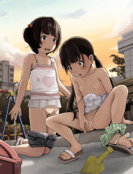  2girls bar_censor bare_arms black_hair blunt_bangs blush breasts censored cleft_of_venus clothes_pull cloud cloudy_sky collarbone day hair_bobbles hair_ornament has_uncensored_version heart heart_print highres kneeling loli long_hair multiple_girls nipples open_mouth original outdoors panties panties_around_leg pants pants_pull panty_pull pink_skirt plaid plaid_panties plant pussy rensyu shirt sitting skirt sky small_breasts spread_legs squatting underwear  rating:Explicit score:373 user:Domestic_Importer
