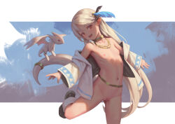  1girl bigrbear blonde_hair cleft_of_venus dragon dragon_horns dragon_tail flat_chest gold_choker gold_necklace horns jacket jewelry loli long_hair looking_at_viewer naked_jacket navel necklace nipples open_clothes open_jacket open_mouth original pointy_ears pussy red_eyes solo tail uncensored  rating:Explicit score:181 user:danbooru