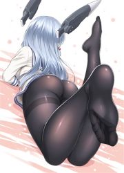 10s 1girl arched_back ass black_pantyhose facing_away feet foot_focus hair_ornament hair_ribbon headgear kantai_collection kase_daiki legs long_hair lying murakumo_(kancolle) no_shoes on_stomach pantyhose ribbon silver_hair simple_background soles thighband_pantyhose toes  rating:Questionable score:123 user:aureligm