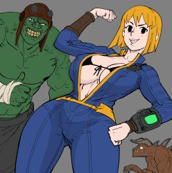  1girl absurdres bb_(baalbuddy) blonde_hair bodysuit bra breasts colorized creature deathclaw fallout_(series) greyscale grin highres jumpsuit large_breasts looking_at_viewer medium_breasts monochrome navel open_clothes open_jumpsuit pip_boy smile solo super_mutant thumbs_up underwear vault_girl vault_suit 