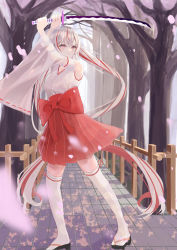  1girl absurdres cherry_blossoms highres japanese_clothes katana long_hair miko original red_eyes solo sword tabi tree weapon white_hair  rating:General score:5 user:robblu123