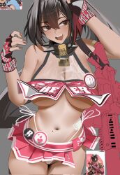  1girl :d ahoge bay_(nikke) breasts brown_eyes brown_hair cheerleader collar crop_top dark-skinned_female dark_skin facial_tattoo fingerless_gloves gloves goddess_of_victory:_nikke hair_intakes hairband highres large_breasts light_blush long_hair mole mole_on_stomach mole_under_mouth multicolored_hair nail_polish navel open_mouth panties phantasmaliagon pom_pom_(cheerleading) ponytail red_hair red_shirt red_skirt reference_inset shirt skirt smile solo spiked_collar spikes star_tattoo strap streaked_hair tan tanline tattoo underboob underwear weapon white_panties 