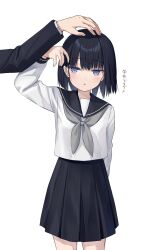  1boy 1girl black_hair blue_eyes blush grey_neckerchief hand_on_another&#039;s_head headpat highres long_sleeves looking_to_the_side na-ga neckerchief original out_of_frame parted_lips pleated_skirt sailor_collar school_uniform serafuku short_hair simple_background skirt solo_focus white_background 