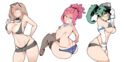 3girls absurdres alternate_hairstyle ass back bad_id bad_pixiv_id bikini bikini_under_clothes blonde_hair boku_no_hero_academia breasts butt_crack denim denim_shorts elbow_gloves embarrassed fishnet_legwear fishnets genderswap genderswap_(mtf) gloves green_eyes green_hair hat hatsume_mei highleg highleg_bikini highres hot_vr huge_filesize incredibly_absurdres large_breasts long_hair looking_at_viewer looking_back medium_hair midoriya_izuku multiple_girls navel one_eye_closed pink_hair ponytail short_shorts shorts sideboob sitting skindentation smile strap_pull sunglasses_on_head swimsuit swimsuit_under_clothes thick_thighs thighhighs thighs topless utsushimi_kemii whale_tail_(clothing) white_background wink wrench yellow_eyes rating:Questionable score:168 user:JustHere4Tits
