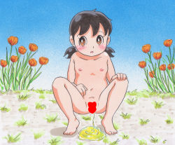 1girl barefoot black_hair blush brown_eyes censored collarbone doraemon flower grass hand_on_own_knee heart heart_censor loli long_hair looking_to_the_side low_twintails marup minamoto_shizuka navel nipples nude open_mouth peeing puddle pussy sky squatting twintails rating:Explicit score:10 user:cpee