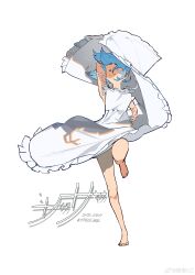  1girl absurdres alternate_costume arm_behind_head bare_arms bare_legs bare_shoulders barefoot blue_hair character_name chinese_commentary clothes_lift commentary_request dancing dress dress_lift frilled_dress frills full_body highres leg_up mahou_shoujo_madoka_magica mahou_shoujo_madoka_magica_(anime) miki_sayaka open_mouth ouge_dz ribbon shadow short_hair simple_background sleeveless sleeveless_dress smile solo sundress toes weibo_watermark white_background white_dress white_ribbon 