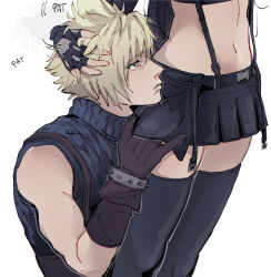  1boy 1girl black_gloves black_skirt black_sweater black_thighhighs blonde_hair blue_eyes brown_gloves closed_mouth clothes_lift cloud_strife couple final_fantasy final_fantasy_vii final_fantasy_vii_remake fingerless_gloves gloves hand_in_another&#039;s_hair hetero kneeling lifting_another&#039;s_clothes lower_body midriff miniskirt navel out_of_frame pudelmudel ribbed_sweater short_hair simple_background skirt skirt_lift sleeveless sleeveless_sweater suspenders sweater thighhighs tifa_lockhart white_background zettai_ryouiki  rating:Sensitive score:8 user:danbooru