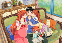  1boy 3girls aged_up bird blouse blue_overalls blue_shirt blush breasts collared_shirt father_and_daughter hair_between_eyes happy hetero if_they_mated ikari_shinji indoors interface_headset kiss kissing_cheek large_breasts long_hair mother_and_daughter multiple_girls neon_genesis_evangelion overalls penguin pillow plant pregnant shirt short_hair simple_background sitting socks souryuu_asuka_langley standing surprised teeth twintails two_side_up upper_teeth_only white_legwear yamayoshi  rating:Sensitive score:71 user:fakyuh