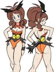  1girl animal_ears ass back bare_shoulders blue_eyes breasts brown_hair cleavage commentary commission cosplay cowboy_shot creatures_(company) earrings english_commentary fake_animal_ears game_freak gen_5_pokemon hand_on_own_hip hands_on_own_hips highleg highleg_leotard highres hilda_(pokemon) jewelry legendary_pokemon leotard long_hair looking_at_viewer multiple_views mythical_pokemon nintendo pokemon pokemon_bw ponytail smile sooperman strapless strapless_leotard victini victini_(cosplay) white_background  rating:Sensitive score:24 user:danbooru