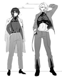  2girls arm_up chest_strap chief_(path_to_nowhere) coat coat_on_shoulders collared_shirt commentary_request crop_top ear_piercing female_chief_(path_to_nowhere) greyscale hand_in_pocket height highleg highleg_panties highres isakuu jacket jewelry long_hair looking_at_viewer medium_hair midriff monochrome multiple_girls necklace one_eye_closed open_clothes open_jacket open_mouth panties pants path_to_nowhere piercing shirt standing toned_female underwear zoya_(path_to_nowhere) 