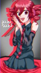 ahoge black_background black_skirt blood buttons crazy_eyes detached_sleeves drill_hair grey_background headphones highres hito_mania_(utau) holding holding_knife holding_weapon kasane_teto knife long_sleeves open_mouth red_eyes red_hair red_trim seisankariume4 shirt skirt sleeveless sleeveless_shirt twin_drills upper_body utau weapon 