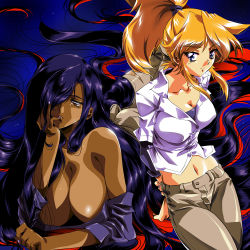  1980s_(style) 2girls absurdres arm_behind_back ass black_hair blonde_hair blue_eyes breasts brown_eyes brown_pants cleavage collared_shirt colored_inner_hair commentary commission dark-skinned_female dark_skin dual_persona english_commentary hair_behind_ear hair_over_one_eye hand_on_own_chest highres hinomars19 holding_own_arm huge_breasts large_breasts long_hair looking_to_the_side multicolored_hair multiple_girls off-shoulder_shirt off_shoulder oldschool original pants parted_lips ponytail purple_shirt red_hair retro_artstyle second-party_source shirt very_long_hair white_shirt  rating:Sensitive score:8 user:danbooru