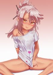 1girl blush bottomless breasts carbon12th chloe_von_einzbern closed_mouth collarbone dark-skinned_female dark_skin eyes_visible_through_hair fate/kaleid_liner_prisma_illya fate_(series) gradient_background hair_between_eyes hair_ornament hairpin half_updo heart highres licking_lips loli long_hair looking_at_viewer off_shoulder orange_eyes partially_visible_vulva pink_background pink_hair pussy_juice ruler shirt sidelocks sitting small_breasts smile solo spread_legs t-shirt tan thighs tongue tongue_out white_shirt yellow_eyes rating:Explicit score:223 user:danbooru