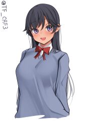  absurdres alternate_costume black_hair bow bowtie braid breasts collared_shirt dress_shirt grey_sweater highres i-400_(kancolle) kantai_collection long_hair medium_breasts one-hour_drawing_challenge purple_eyes red_bow red_bowtie school_uniform shirt single_braid smile sweater tan tf_cafe twitter_username upper_body white_background white_shirt 