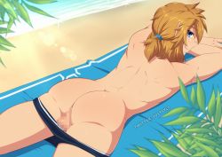  1boy ass beach bikini_briefs blue_towel censored from_behind highres justsyl leaf lens_flare link looking_at_viewer lying male_focus male_swimwear male_underwear mosaic_censoring nintendo on_stomach plant pointy_ears ponytail solo sparkle swim_briefs testicles the_legend_of_zelda towel twitter_username underwear 