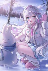  1girl :d absurdres bare_tree blue_eyes blue_scarf blue_skirt blue_sky cloud cloudy_sky collared_shirt colored_inner_hair dot_nose dress_shirt floating_hair forest grey_hair hair_between_eyes hair_ornament hairclip hand_up highres jacket leg_warmers light_blush long_hair looking_at_viewer mittens morning multicolored_hair nature necktie open_clothes open_jacket open_mouth original pink_footwear pink_hair pink_necktie plaid plaid_skirt pleated_skirt pom_pom_(clothes) pora_0918 scarf shirt shirt_tucked_in short_necktie sidelocks single_hair_intake skirt sky smile snow_sculpture snowing squatting star_(symbol) sunlight teeth tree two-tone_hair upper_teeth_only waving white_jacket white_leg_warmers white_shirt x_hair_ornament 