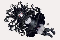 1girl abyssal_ship black_bow black_footwear black_hair black_skirt bonnet bow breasts closed_mouth colored_skin grey_background grey_skin hair_between_eyes high_heels isolated_island_princess kantai_collection long_hair looking_at_viewer medium_breasts oso_(toolate) red_eyes simple_background skirt solo twitter_username very_long_hair