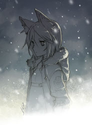 1girl androgynous animal_ears bad_id bad_pixiv_id expressionless greyscale h2so4 jacket looking_away monochrome short_hair sketch snow solo rating:Sensitive score:5 user:danbooru