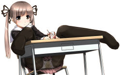  1girl blush brown_eyes brown_hair casual_peeing chair drink feet feet_on_table female_focus highres juice long_hair long_sleeves looking_at_viewer ooji panties pantyhose pantyshot peeing peeing_self public_indecency purposeful_wetting school_uniform shiny_clothes simple_background sitting skirt solo table twintails underwear white_background  rating:Questionable score:76 user:Momo