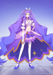  1girl adapted_costume aqua_eyes artist_name breasts choker closed_mouth commentary cure_majesty dated detached_sleeves elbow_gloves frilled_skirt frills full_body gloves hand_on_own_hip high_heels highres hirogaru_sky!_precure jewelry light_frown long_hair looking_at_viewer magical_girl midriff miniskirt navel necklace poma123poma precure puffy_detached_sleeves puffy_sleeves purple_footwear purple_hair purple_skirt shirt skirt sleeveless sleeveless_shirt small_breasts solo standing thighhighs twitter_username two_side_up very_long_hair waist_cape white_gloves white_shirt white_thighhighs wing_hair_ornament yellow_choker 