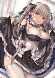  1girl azur_lane bare_shoulders between_breasts black_dress blush breasts cleavage clothes_lift commentary_request cowboy_shot dress dress_lift earrings flight_deck formidable_(azur_lane) frilled_dress frills grey_hair hair_ribbon highres jewelry large_breasts lifted_by_self long_hair long_sleeves looking_at_viewer nail_polish red_eyes ribbon shiny_skin solo sumisuzu thighhighs twintails two-tone_dress two-tone_ribbon very_long_hair white_thighhighs  rating:Sensitive score:9 user:danbooru
