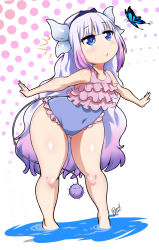  1girl absurdres bare_arms bare_legs bare_shoulders bayeuxman blue_eyes blush bug butterfly child covered_navel frilled_swimsuit frills full_body highres horns insect kanna_kamui kobayashi-san_chi_no_maidragon long_hair monster_girl multicolored_hair one-piece_swimsuit parted_lips partially_submerged polka_dot polka_dot_background purple_hair sidelocks sleeveless solo standing swimsuit tail thick_thighs thighs two-tone_hair water white_background wide_hips  rating:Sensitive score:222 user:DarkToonLink